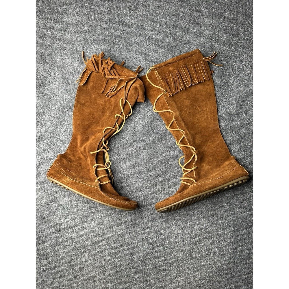 Womens Minnetonka Fringe Suede Knee High Moccasin Boots Brown, Size 9